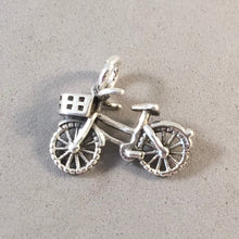 Load image into Gallery viewer, BICYCLE with BASKET 3-D .925 Sterling Silver Charm Pendant City Tour Bike Ten Speed Amsterdam Travel SP22