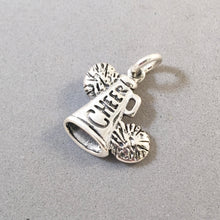 Load image into Gallery viewer, CHEER Megaphone w/ Pom Pom's .925 Sterling Silver 2 Sided Charm Pendant Cheerleader sp02