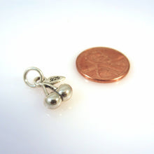 Load image into Gallery viewer, Sale! Two CHERRIES 3-D .925 Sterling Silver Charm Pendant Fruit Cherry Detailed Leaf Food Kitchen KT147