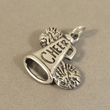 Load image into Gallery viewer, CHEER Megaphone w/ Pom Pom's .925 Sterling Silver 2 Sided Charm Pendant Cheerleader sp02