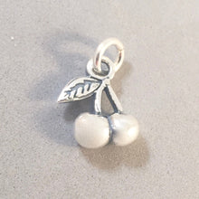 Load image into Gallery viewer, Sale! Two CHERRIES 3-D .925 Sterling Silver Charm Pendant Fruit Cherry Detailed Leaf Food Kitchen KT147
