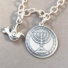 Load image into Gallery viewer, HAPPY HANUKKAH BRACELET .925 Sterling Silver Charm Bracelet Jewish Peace Dove Menorah Dreidel Star of David Holiday