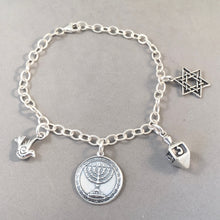 Load image into Gallery viewer, HAPPY HANUKKAH BRACELET .925 Sterling Silver Charm Bracelet Jewish Peace Dove Menorah Dreidel Star of David Holiday