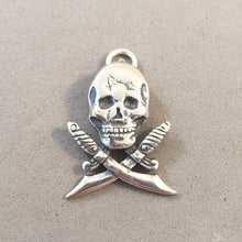 Load image into Gallery viewer, Sale! SKULL &amp; CROSSED SWORDS .925 Sterling Silver Charm Pendant Skeleton Halloween SL56P