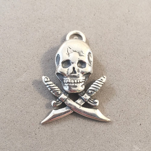 Sale! SKULL & CROSSED SWORDS .925 Sterling Silver Charm Pendant Skeleton Halloween SL56P