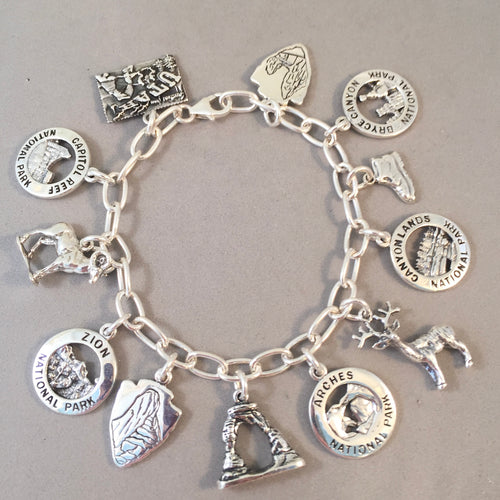 MIGHTY 5 UTAH .925 Sterling Silver Travel Souvenir Charm Bracelet Zion, Bryce, Capitol Reef, Canyonlands, Arches BRM5
