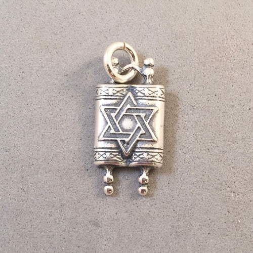 TORAH.925 Sterling Silver 3-D Charm Pendant Faith Religion Jewish Scroll Star of David Hebrew