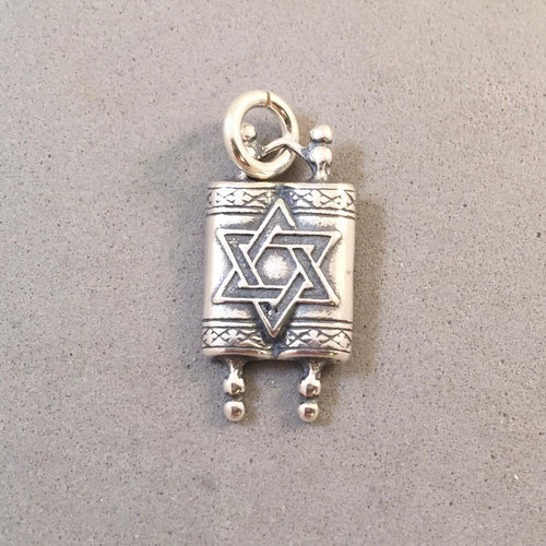 TORAH .925 Sterling Silver 3-D Charm Pendant Faith Religion Jewish Scroll Star of David Hebrew