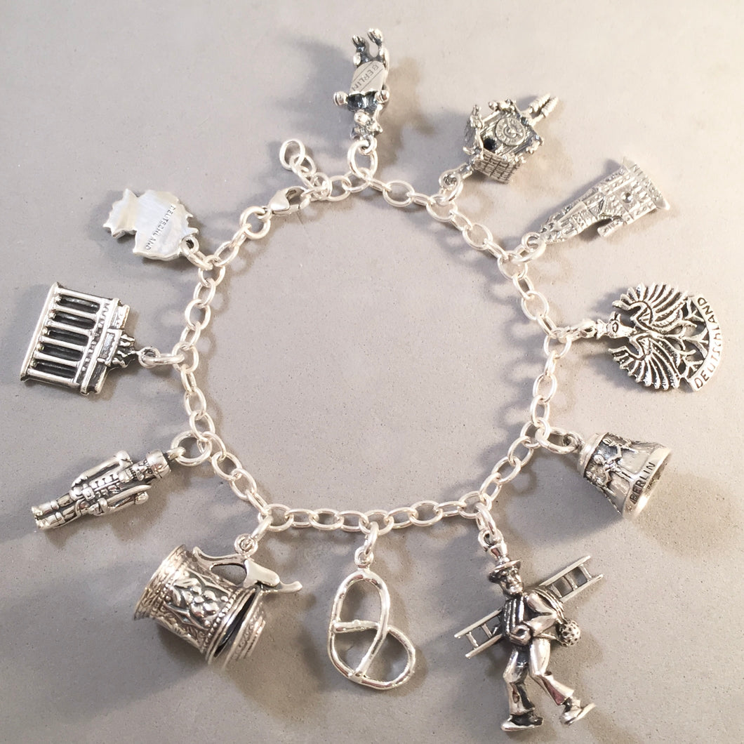 BERLIN MEMORIES .925 Sterling Silver Travel Souvenir Charm Bracelet Brandenburg Gate Freedom Bell Kaiser Wilhelm and More!