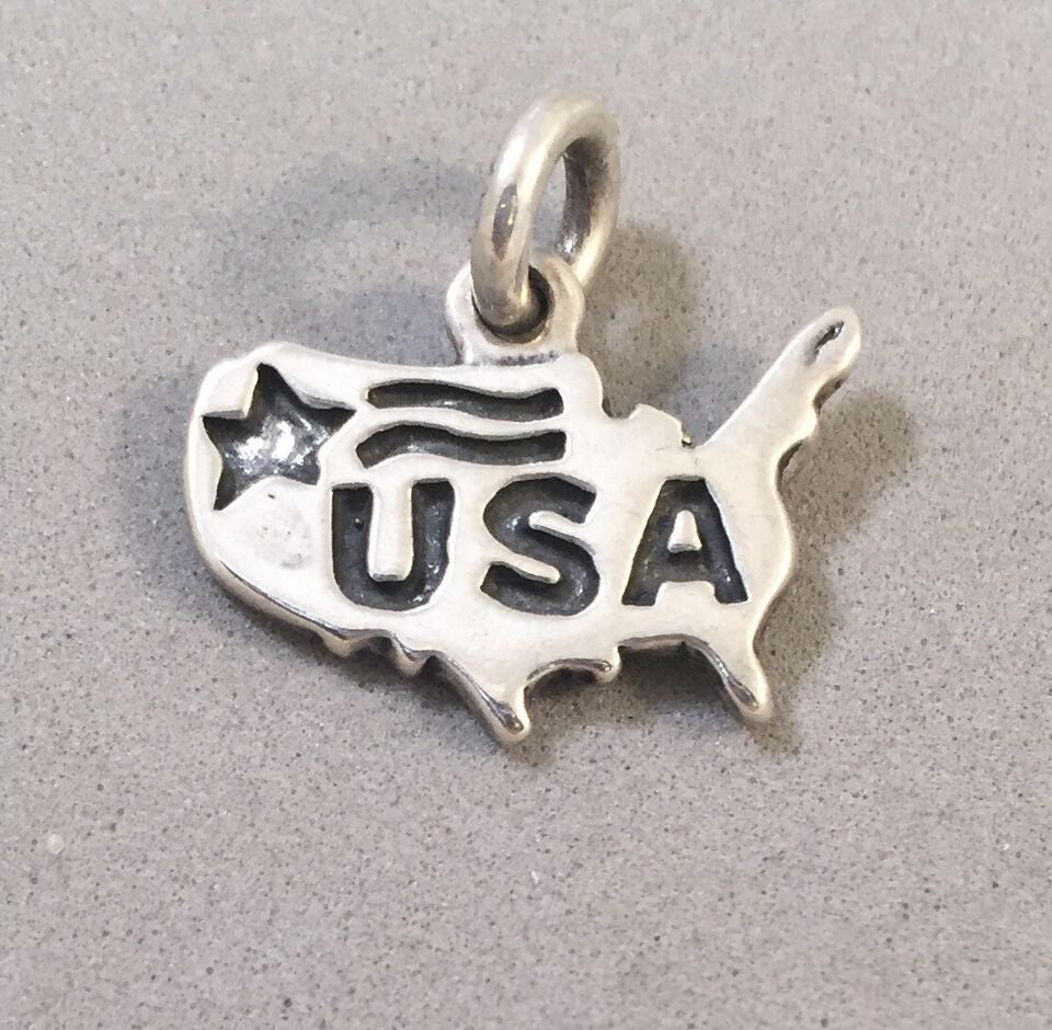 UNITED STATES MAP Star & Stripes .925 Sterling Silver Charm Pendant U.S.A. America USA Country Outline Souvenir SL54Q