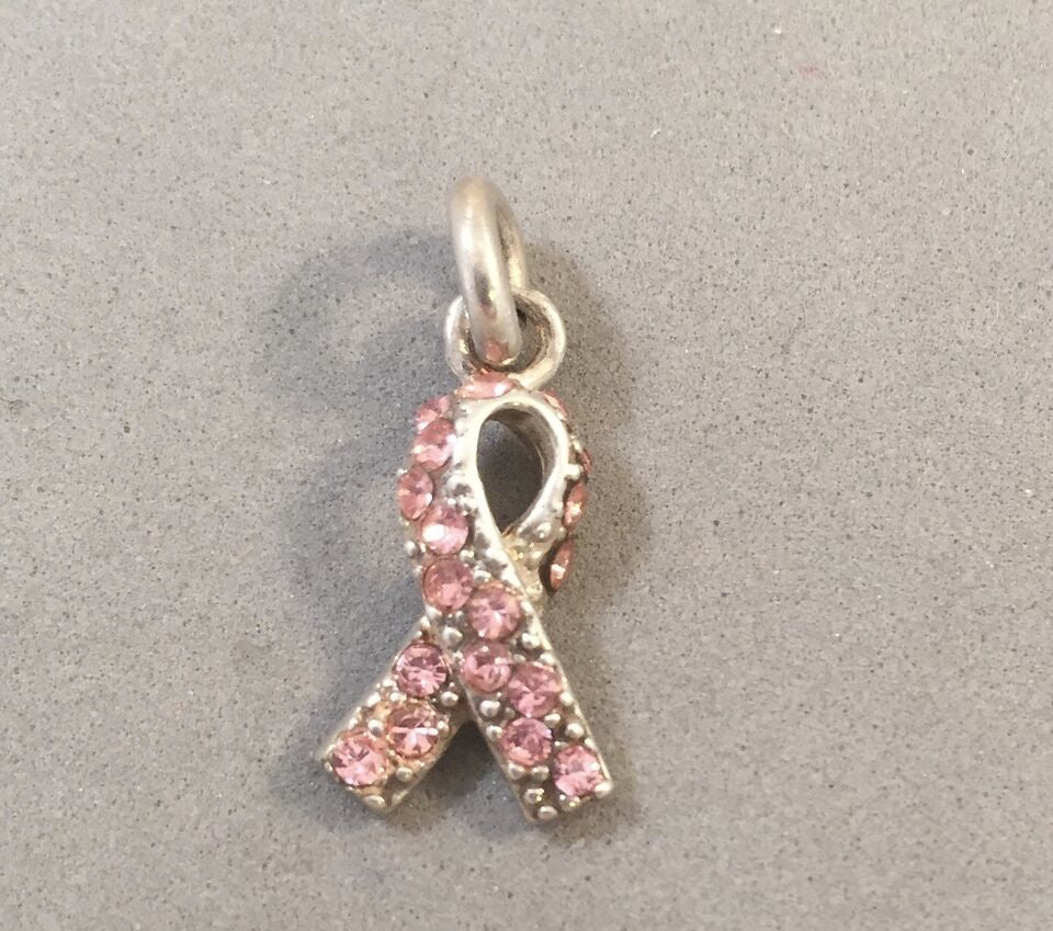 Sale! BREAST CANCER AWARENESS RIBBON Pink Cubic Zirconia Stones in .925 Sterling Silver Charm Pendant SL36M