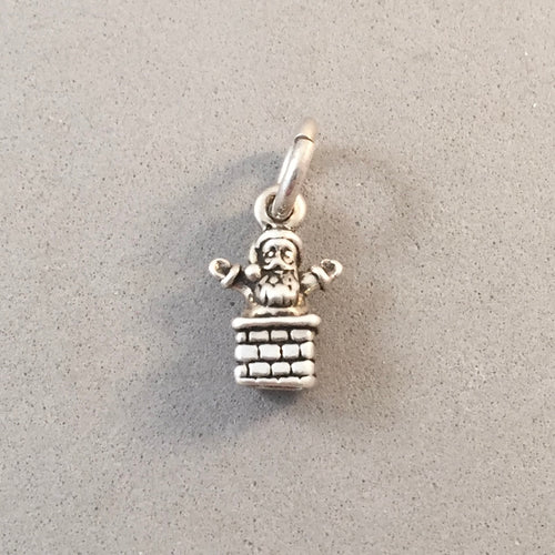 SANTA CLAUS IN CHIMNEY Tiny .925 Sterling Silver 3-D Charm Pendant Christmas Holiday CH11