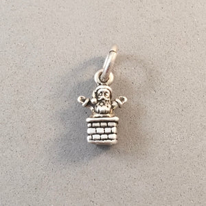 SANTA CLAUS IN CHIMNEY Tiny .925 Sterling Silver 3-D Charm Pendant Christmas Holiday MC11