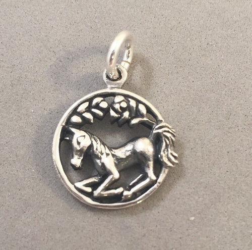 Sale! HORSE in Circle .925 Sterling Silver 3-D Charm Pendant Mare Stallion Equestrian Cowboy SL47H