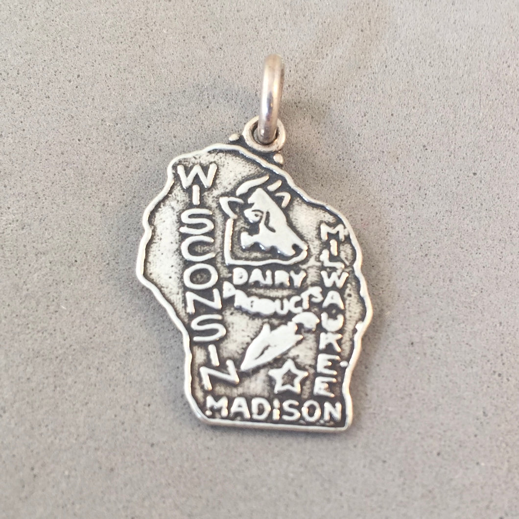 Sale! WISCONSIN MAP .925 Sterling Silver State Charm Travel Milwaukee Madison St-WI