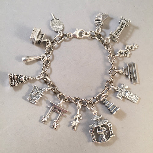 KYOTO MEMORIES .925 Sterling Silver Travel Souvenir Charm Bracelet Torii, Buddha, Geisha, Kimono, Pagoda More!