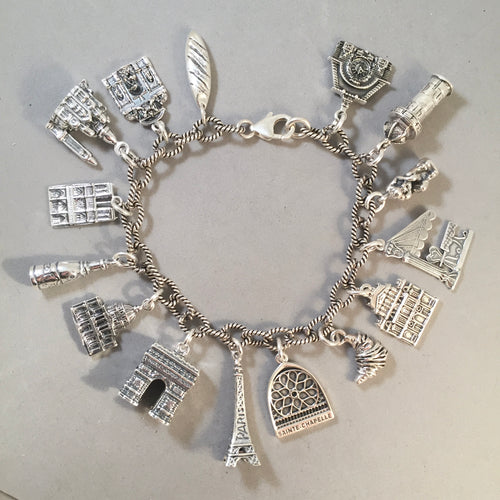 PARIS MEMORIES .925 Sterling Silver Travel Souvenir Charm Bracelet Eiffel Tower, Notre Dame, Arc de Triomph and More!
