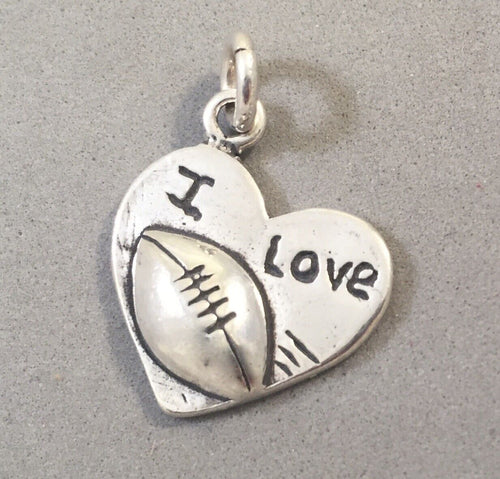I LOVE FOOTBALL HEART .925 Sterling Silver 3-D Charm Pendant Sports GT06