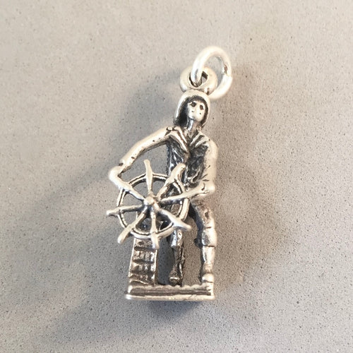 CAPTAIN AT THE HELM .925 Sterling Silver Charm Pendant Sailing Boating Boat Ships Wheel Ocean BV12