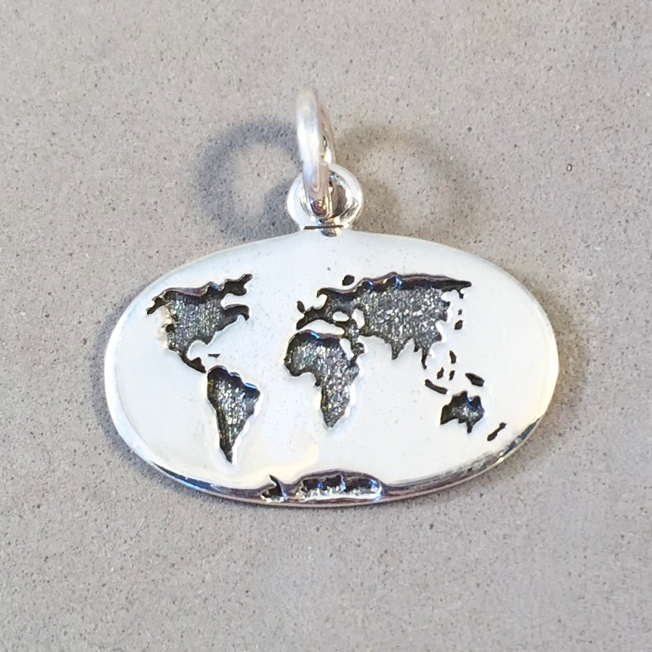 WORLD MAP Oval .925 Sterling Silver Charm Pendant Travel Trip Around the World Globe Flat Countries CT10