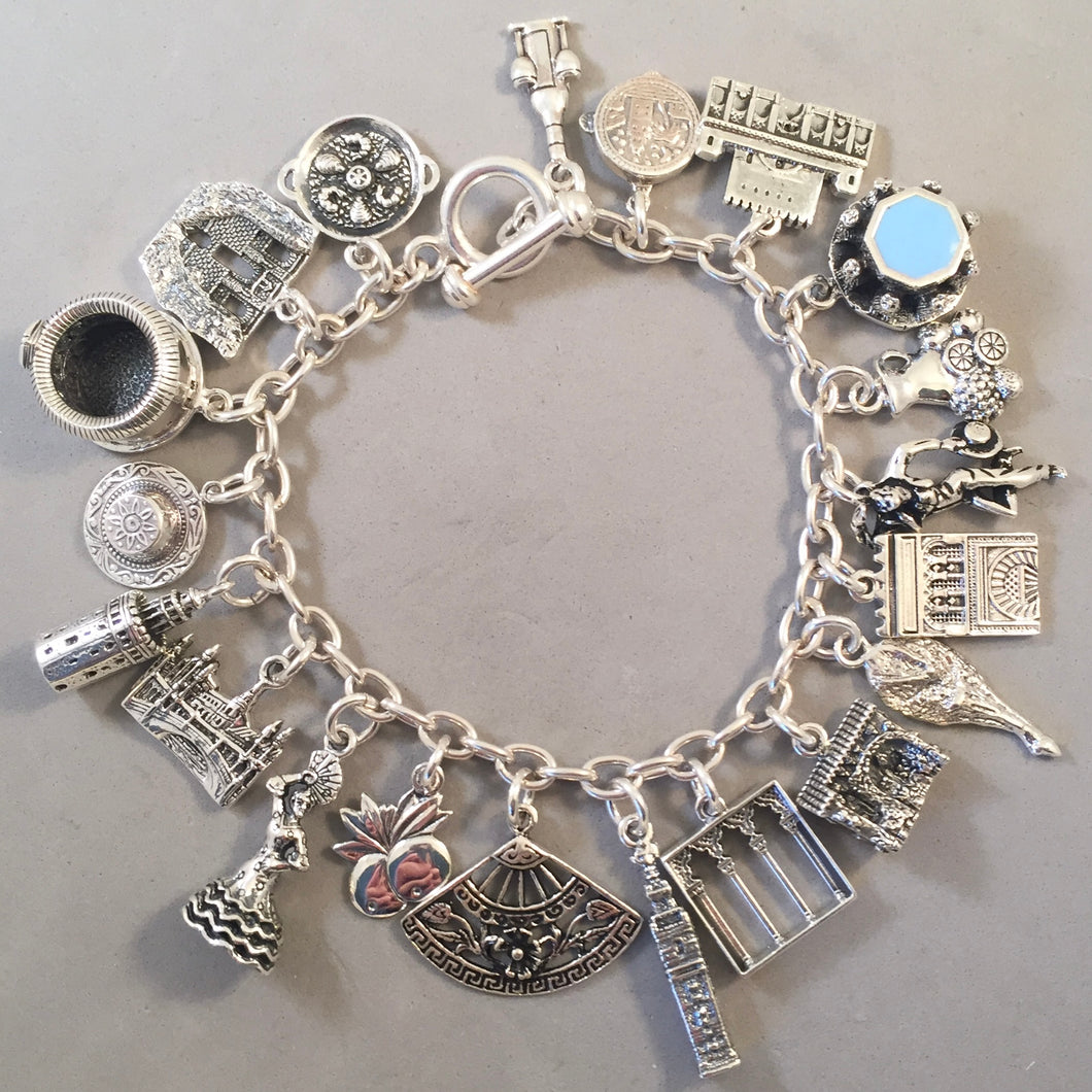 ANDALUSIA MEMORIES .925 Sterling Silver Travel Souvenir Charm Bracelet Seville, Granada, Cordoba, Ronda and More!