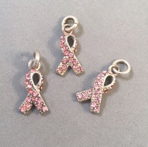 Sale! BREAST CANCER AWARENESS RIBBON Pink Cubic Zirconia Stones in .925 Sterling Silver Charm Pendant SL36M