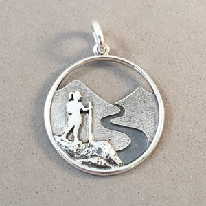 HIKING SCENE .925 Sterling Silver Charm Pendant Girl Walking Stick Mountain Path Trail SC02
