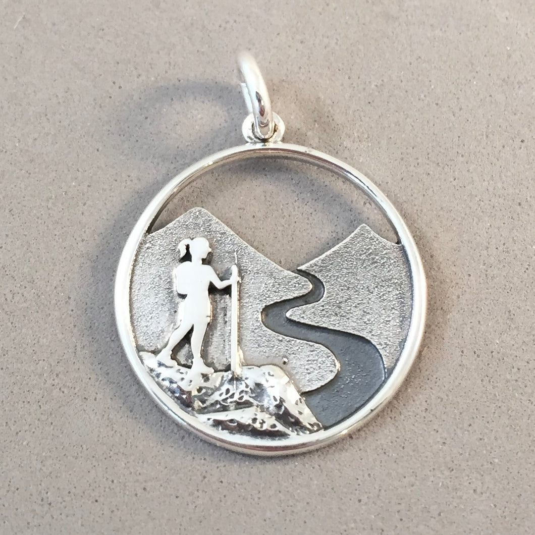 HIKING SCENE .925 Sterling Silver Charm Pendant Girl Walking Stick Mountain Path Trail SC02