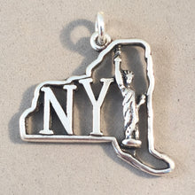 Load image into Gallery viewer, NY MAP OUTLINE &amp; STATUE of LIBERTY .925 Sterling Silver Charm Pendant New York City BA01