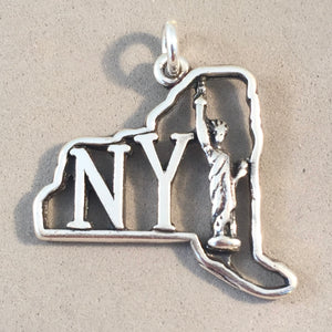 NY MAP OUTLINE & STATUE of LIBERTY .925 Sterling Silver Charm Pendant New York City BA01