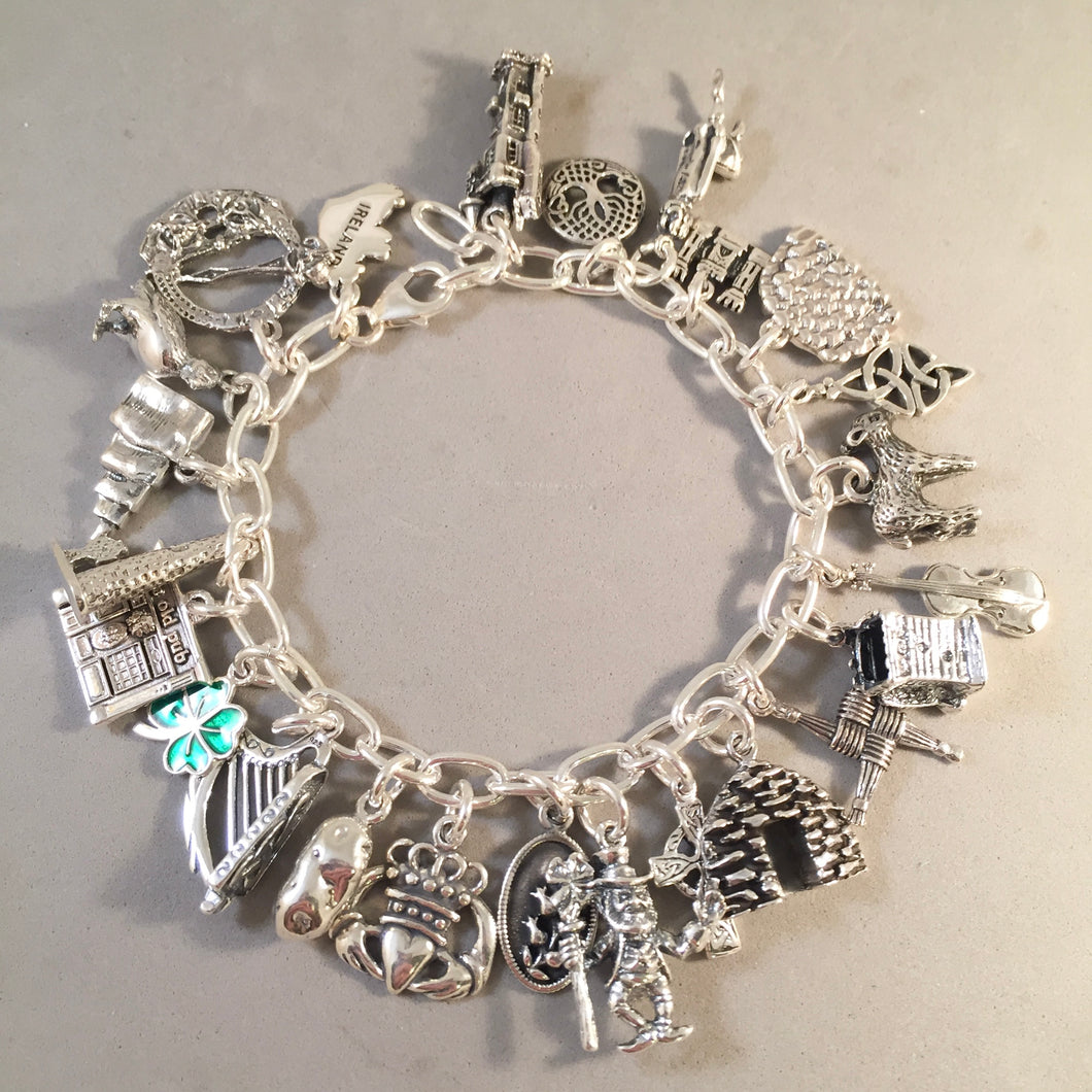 IRELAND MEMORIES .925 Sterling Silver Travel Souvenir Charm Bracelet Blarney Castle, Claddagh, Cliffs of Moher, Giants Causeway and More!
