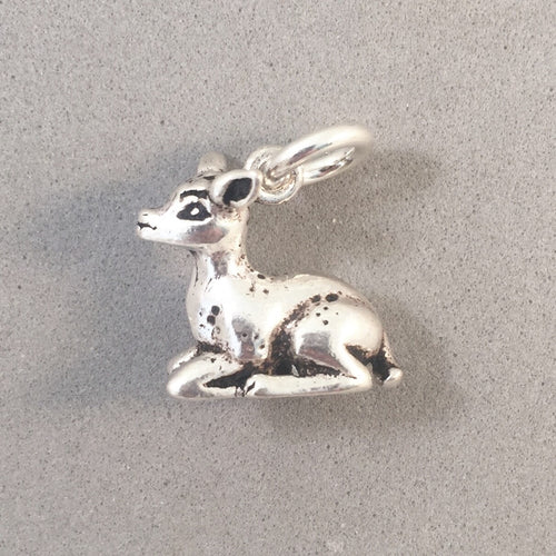 DEER SITTING .925 Sterling Silver 3-D Charm Pendant Baby Fawn Bambie AN08