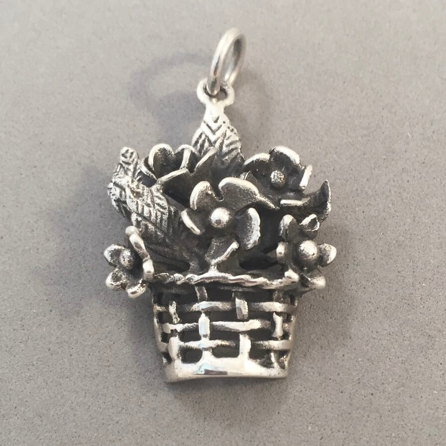 Sale! FLOWER BASKET .925 Sterling Silver 3-D Charm Pendant Flower Garden Nature SL70M