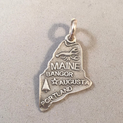 Sale! MAINE MAP .925 Sterling Silver State Charm Travel Portland Bangor Augusta ST-ME