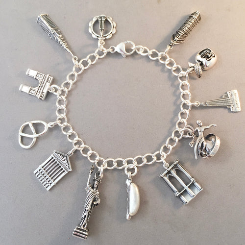 NEW YORK CITY MEMORIES .925 Sterling Silver Travel Souvenir Charm Bracelet Statue of Liberty Rockefeller Empire State and More!