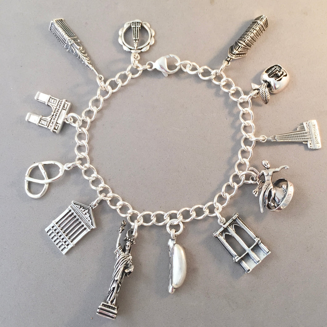 NEW YORK CITY MEMORIES .925 Sterling Silver Travel Souvenir Charm Bracelet Statue of Liberty Rockefeller Empire State and More!