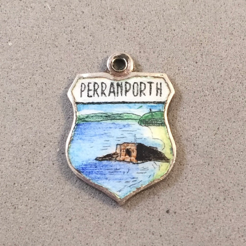 PERRANPORTH Vintage Travel Shield Enamel Charm Pendant Europe England VS-43