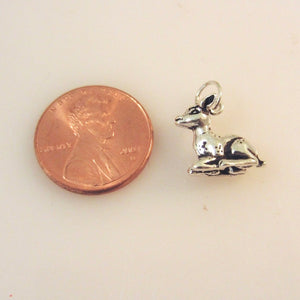 DEER SITTING .925 Sterling Silver 3-D Charm Pendant Baby Fawn Bambie AN08