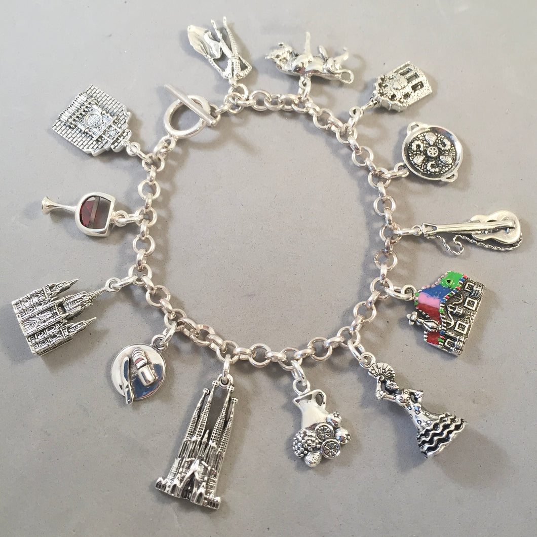 BARCELONA MEMORIES .925 Sterling Silver Travel Souvenir Charm Bracelet La Sagrada, Casa Batallo, Parc Guell Montserrat and More!