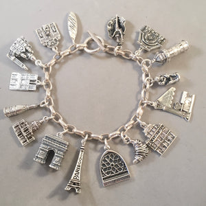 PARIS MEMORIES .925 Sterling Silver Travel Souvenir Charm Bracelet Eiffel Tower, Notre Dame, Arc de Triomph and More!