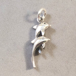 Sale! DOLPHINS Two Jumping .925 Sterling Silver Charm Pendant Nautical Sea Life Ocean Porpoise SL33I