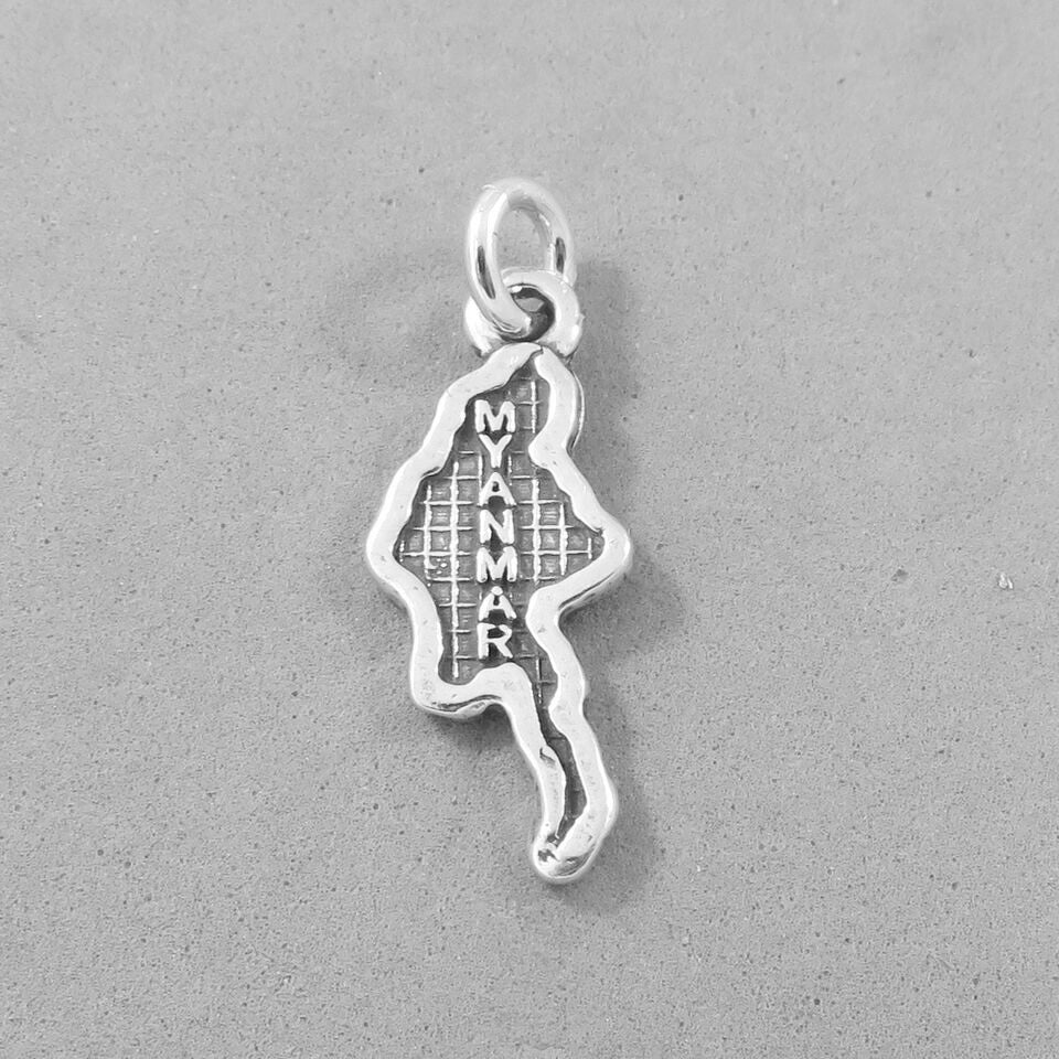 Sale! MYANMAR MAP .925 Sterling Silver Charm Pendant Country Burma Yangon Mandalay Bagan Asia Souvenir SL54J