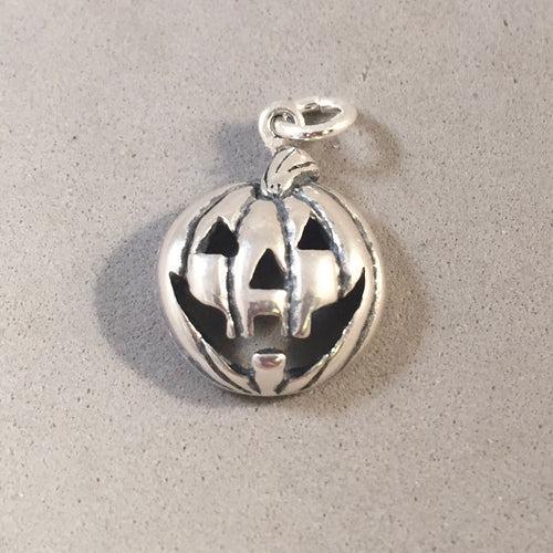 JACK-O-LANTERN .925 Sterling Silver 3-D Charm Pendant Carved Pumpkin Halloween HH14