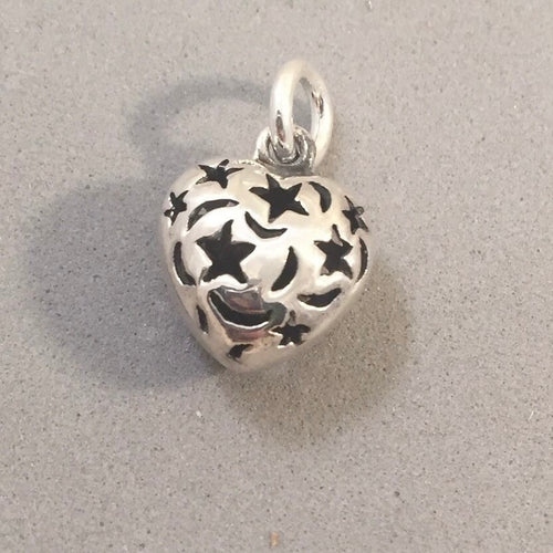 Sale! STAR & MOON HEART .925 Sterling Silver Charm Puffy Hollow Celestial Astrology SL87K