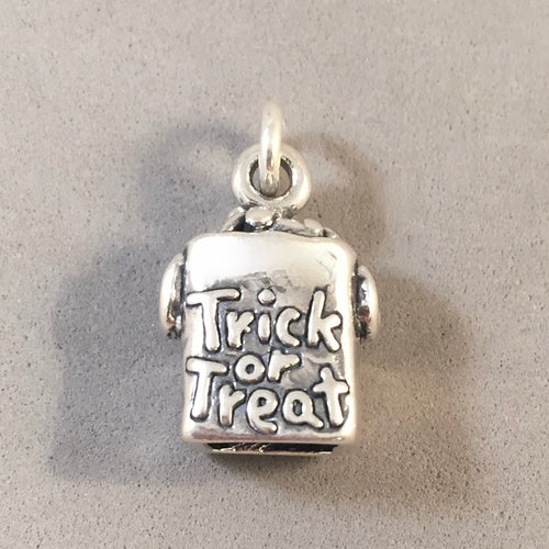 TRICK OR TREAT BAG .925 Sterling Silver 3-D Charm Pendant Halloween Candy Sack Boo HH20