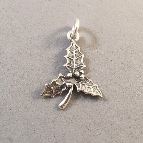 HOLLY .925 Sterling Silver 3-D Charm Pendant Christmas Leaf Garden CH08