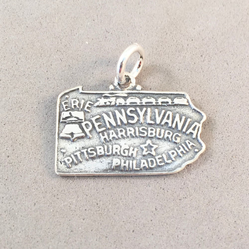 Sale! PENNSYLVANIA MAP .925 Sterling Silver State Charm Travel Pittsburg Philadelphia Harrisburg Erie ST-PA