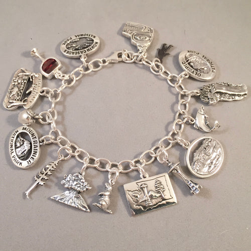 WASHINGTON STATE .925 Sterling Silver Travel Souvenir Charm Bracelet Space Needle, Pike Place, Rainier, Olympic and More!