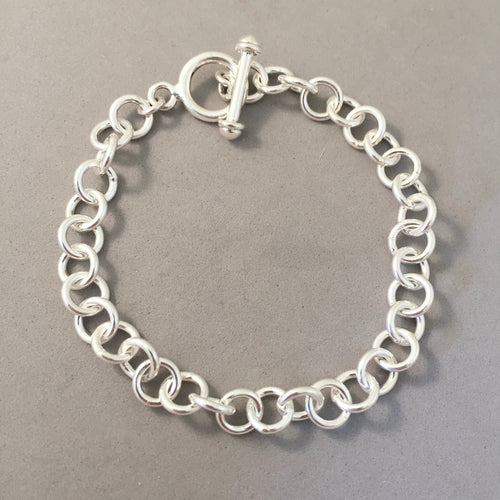 CHARM BRACELET Heavy Round Toggle Clasp .925 Sterling Silver Starter 7.5mm Loop Link 7