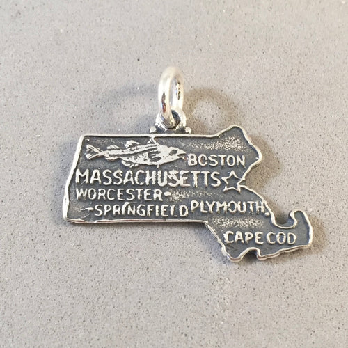 Sale! MASSACHUSETTS MAP .925 Sterling Silver State Charm Travel Boston Worcester Cape Cod Springfield Plymouth ST-MA